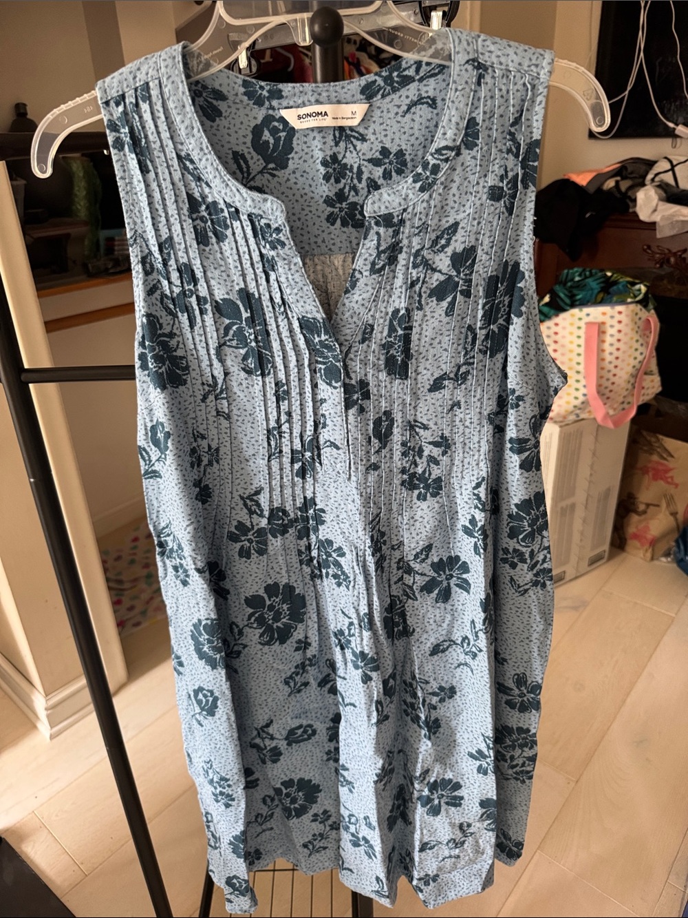 Sonoma Light Blue Floral Pintuck Midi Dress